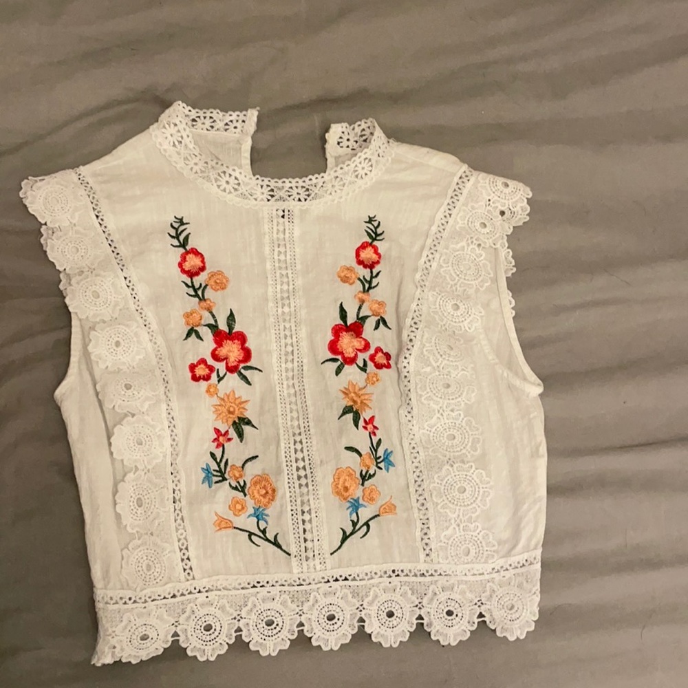 Embroidered Lace Trim White Top